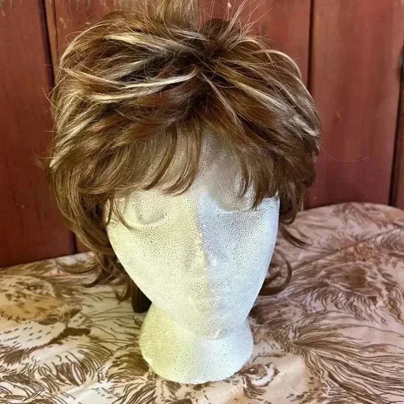 Vintage Wig Layered Mullet Shag Brown & Blonde Frosted Highlights Unisex Costume - Picture 3 of 6